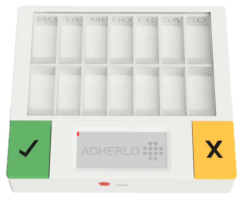 Adherlo smart pillbox with taken and skipped intake buttons